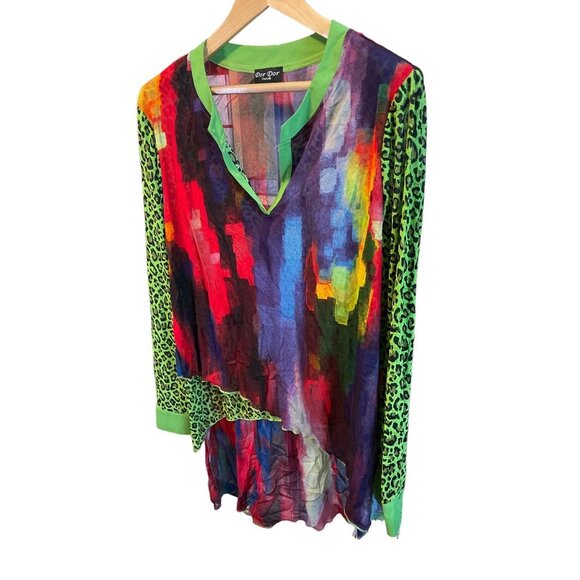 Dor Dor Couture Multicolor Hi Lo Hem Artsy Sheer Tunic Blouse Top Sz XL - Picture 3 of 11